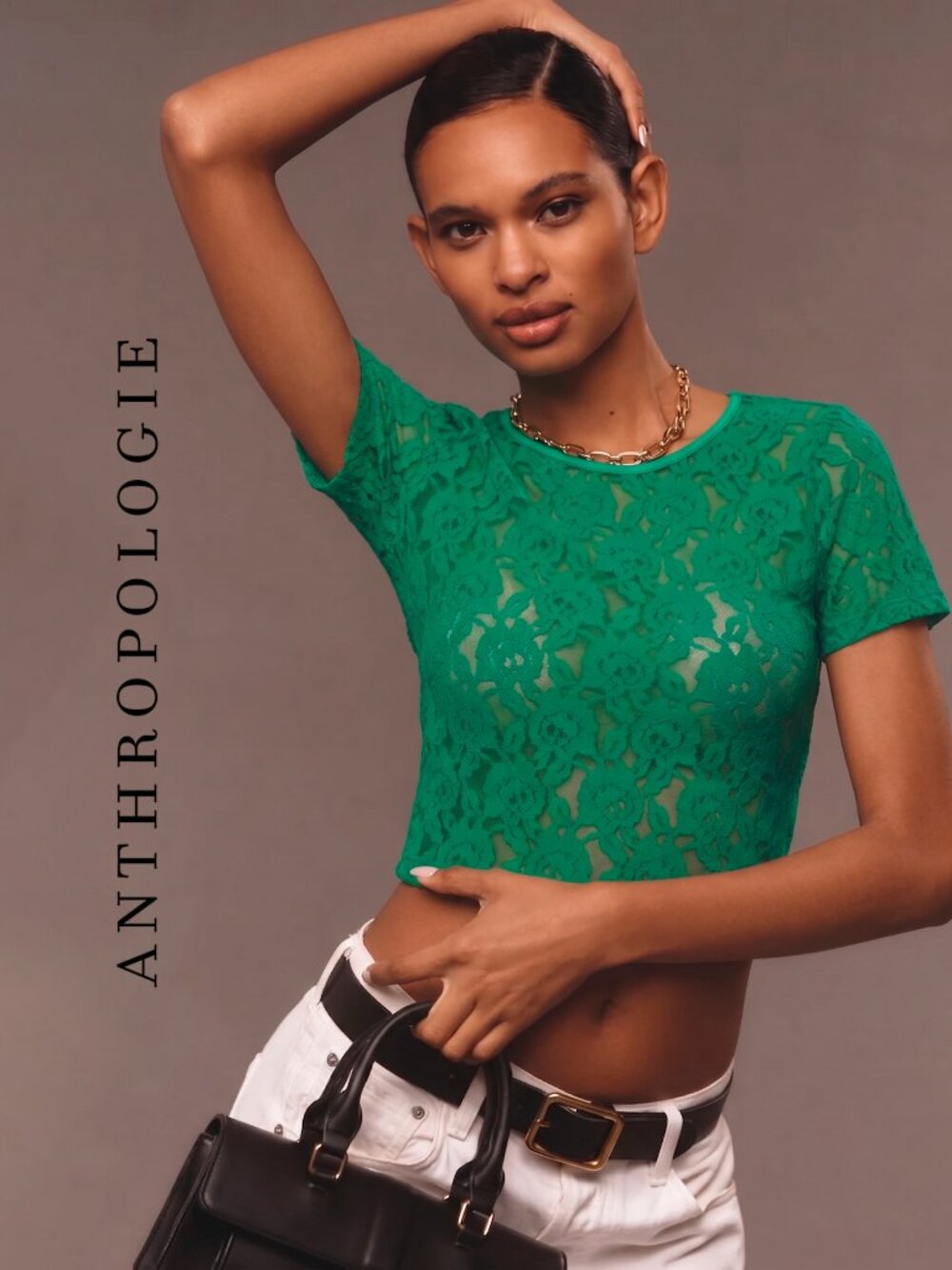Anthropologie Green Floral Lace Crop Top